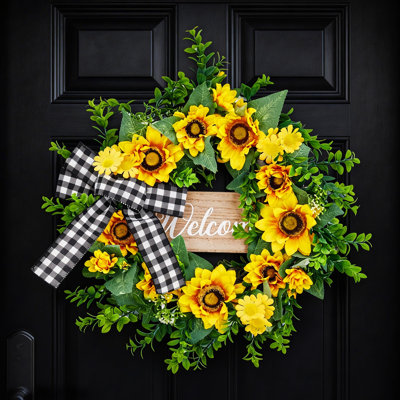 20 Inch   Wreath with Welcome Sign. Spring Summer Front Door Wreath with Yellow Blooms and Buffalo Plaid Bow. Farmhouse Decor for Porch. Window and Wall