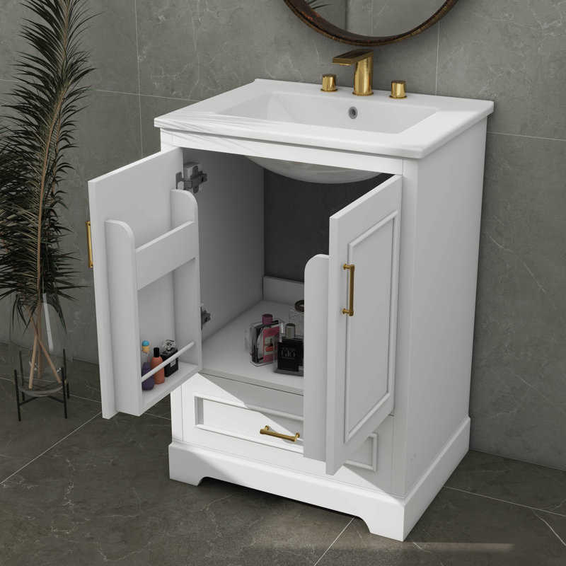 Meuble-lavabo moderne avec lavabo en céramique 2 portes et 1 tiroir pratique, Blanc