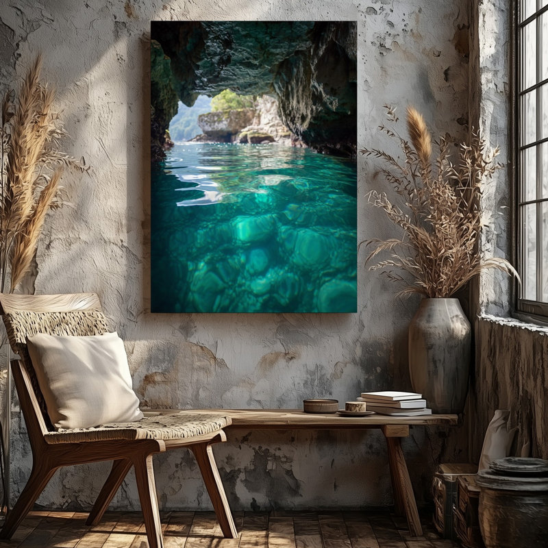 Toile, une scène de grotte sous-marine sereine capturée de l'intérieur d'une arche naturelle mettant en valeur une eau turquoise transparente