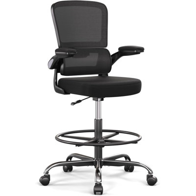 Black Ergonomic Drafting Chair - Tall Office Chair For Standing Desk With Breathable Mesh, Flip-Up Armrests & Adjustable Footrest Ring by Orren Ellis