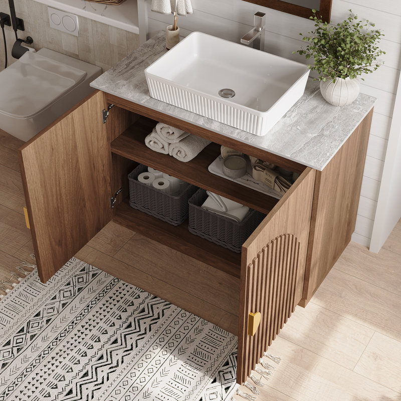 Meuble-lavabo simple 36 po avec comptoir en pierre et lavabo, Gris, Brun