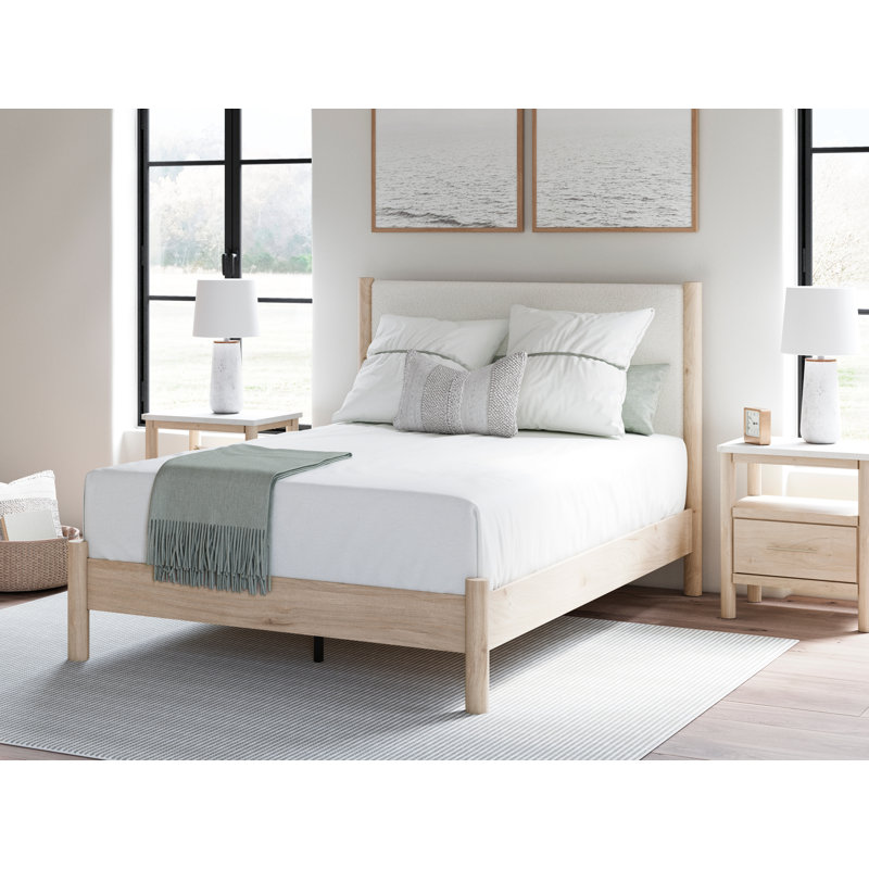 Cadmori Upholstered Panel Bed, White;Beige, Queen