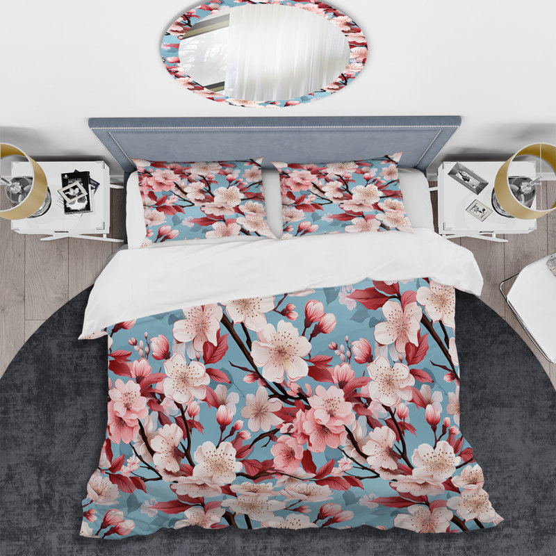 Ensemble de housse de couette en microfibre Cherry Blossom Bliss II, Housse de couette pour très grand lit et 2 très