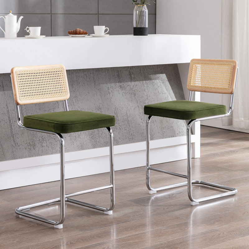 Crumley Upholstered 25.6" Velvet Counter Stool with Rattan Cane Back and Metal Frame, Olive Green Velvet/Chrome Frame