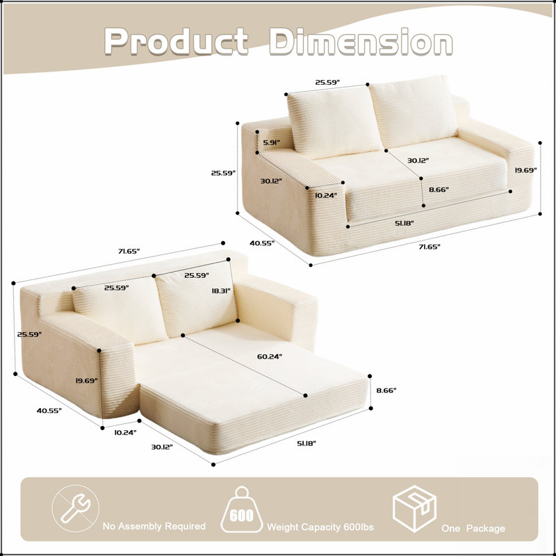 Canapé-lit confortable à assise profonde en velours côtelé, petit canapé moderne pour le salon et la chambre à coucher avec coussins et oreillers réversibles, aucun assemblage requis