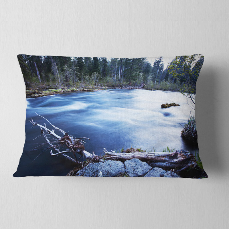 River in Forest At Evening - Coussin décoratif à imprimé paysage, Bleu clair / Vert clair