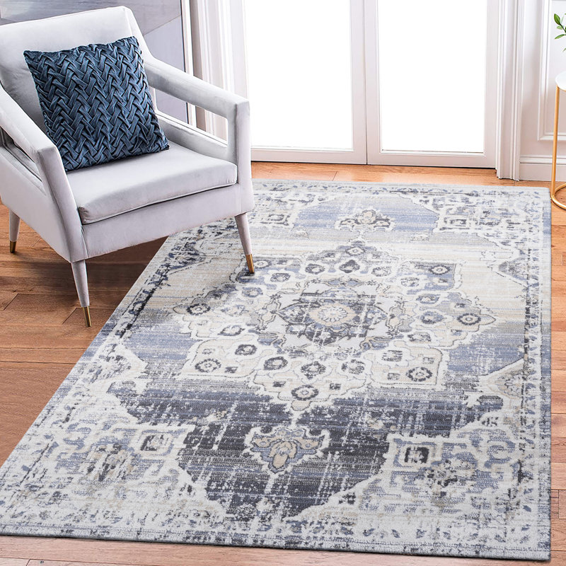 5X7 Cream And Blue Medallion Area Rug - Stain , Non-Shedding, Ideal For Dining Room, Study, Entryway Non-Shedding Cream/Blue Fits Bedroom, Entryway, Eat-In Kitchen
