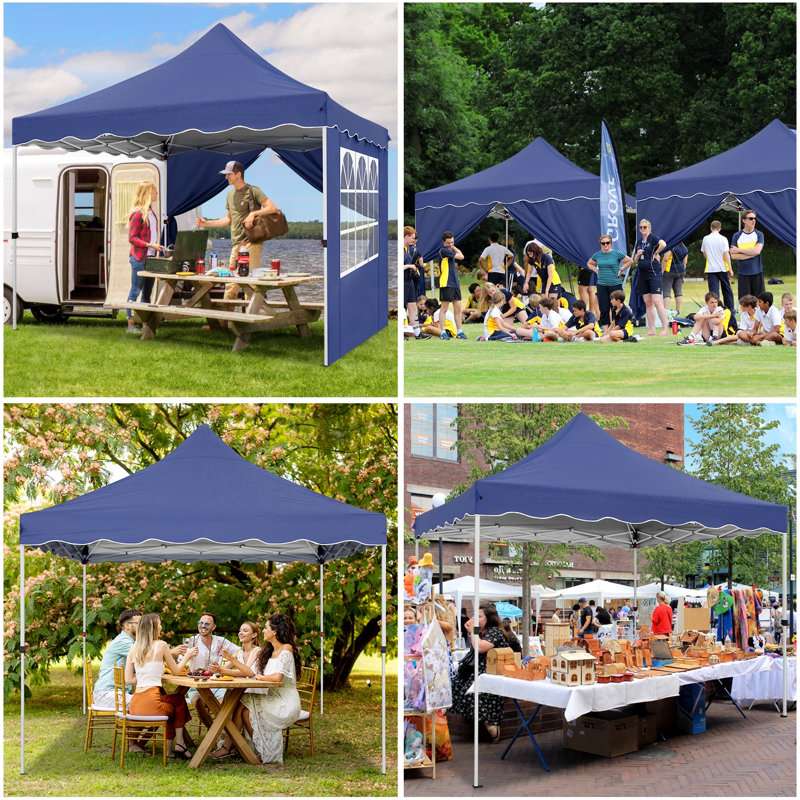 10x10 Pop Up Canopy Tent for Parties with 4 Removable Sidewalls 4 Sandbags, 4 Ropes, 4 Stakes & Wavy Edge, One Person EZ Setup