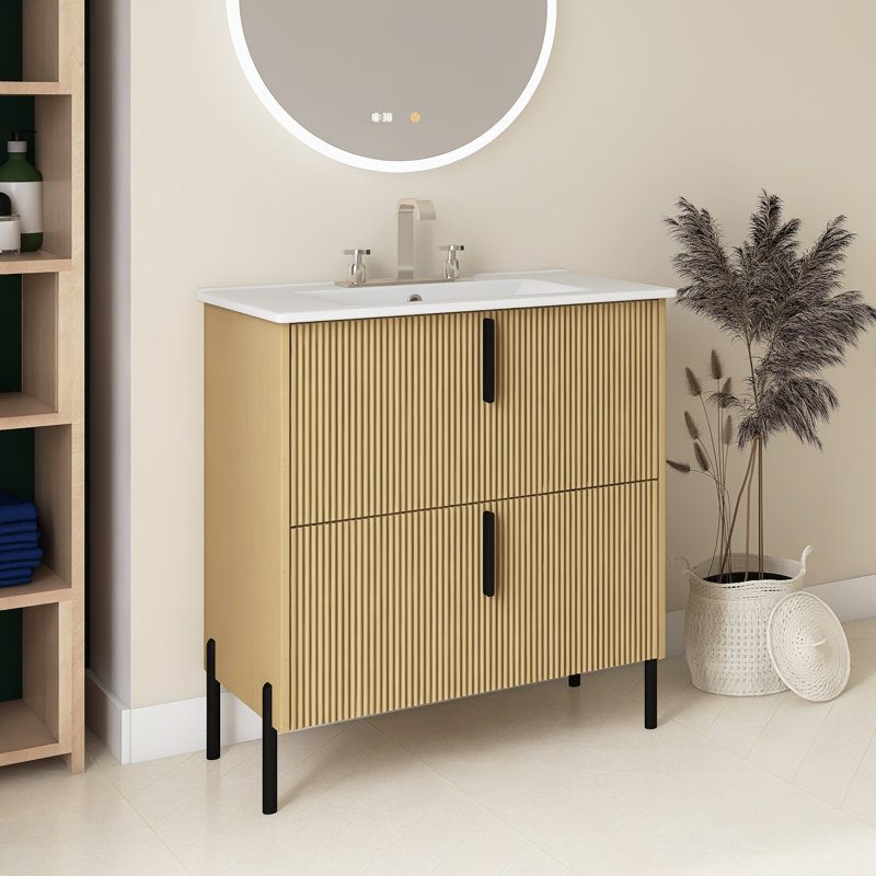 Meuble-lavabo 30 po avec lavabo en céramique et tiroirs pleine extension, Brun