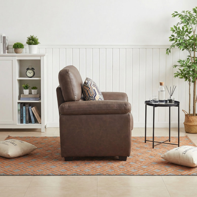 36.8" Leathaire Accent Chair With Complimentary Geometric Pillow, Brown Faux Leather