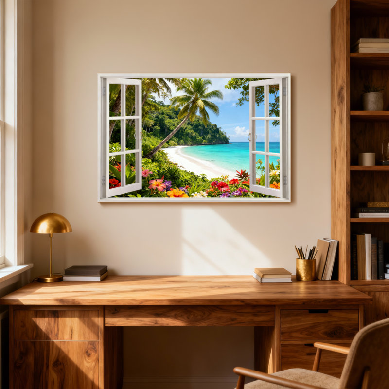 Paysage, nature, plage tropicale, palmiers, fleurs, ciel, océan, vue, H 12 po x l 18 po