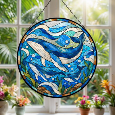 Blue Whales Swimming in Circular Stained Glass Canvas Wall Art