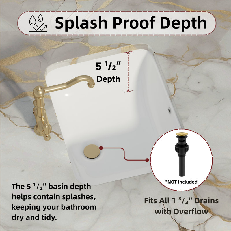 Los Flexi Rectangular Undermount Bathroom Sink 18 Inch x 14 Inch, White Ceramic With Overflow