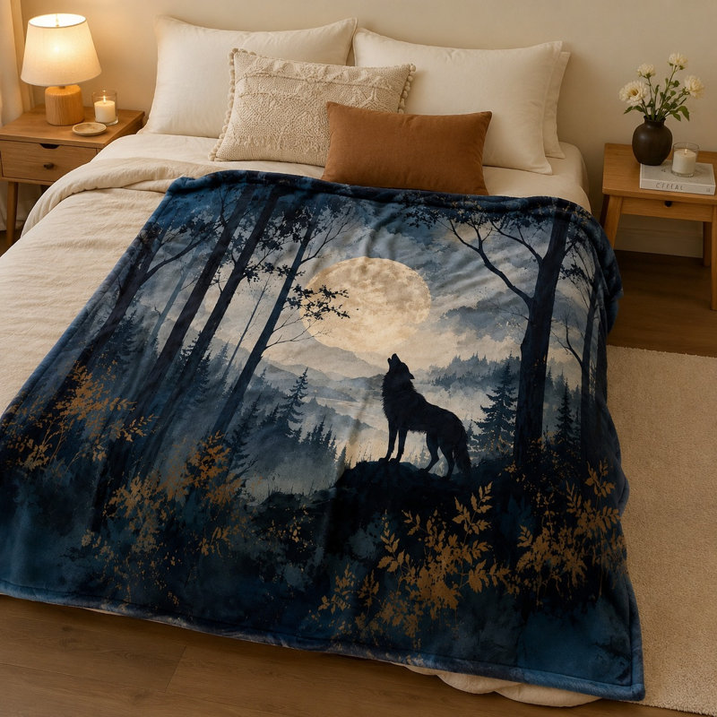 Plaid en peluche douce et légère, motif forêt et loup au clair de lune, idéal pour canapé, lit, chambre à coucher, salon et décoration intérieure.