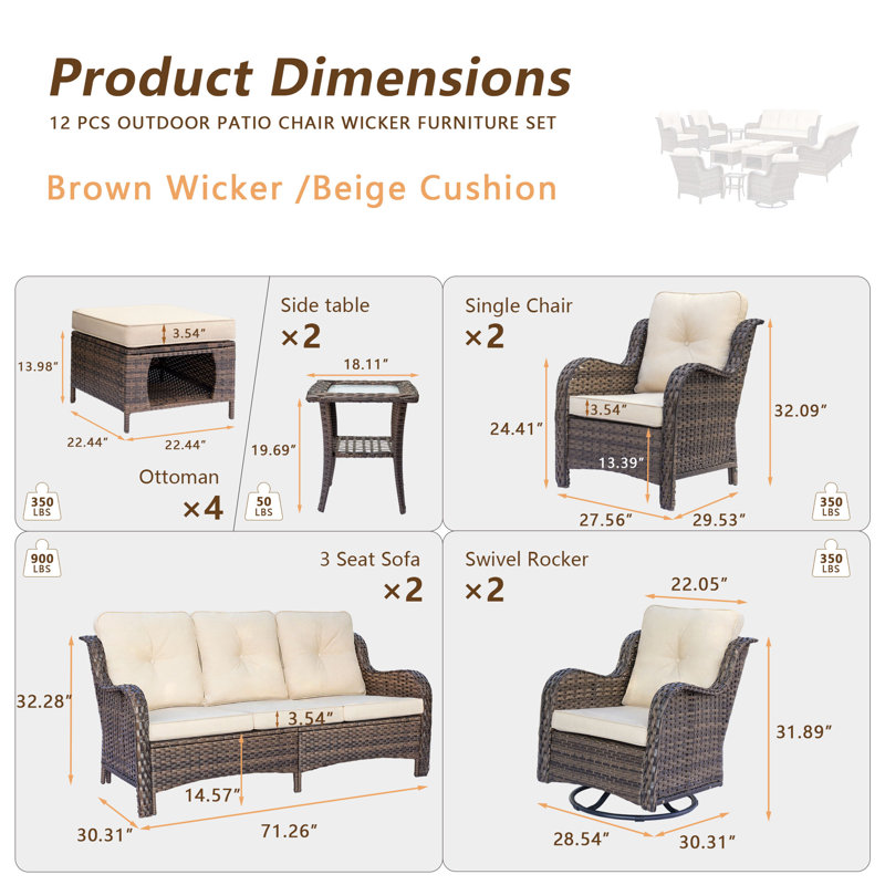 12 Piece Wicker Sofa Seating Group Single Chair & Swivel Chair With Cushions, Brown