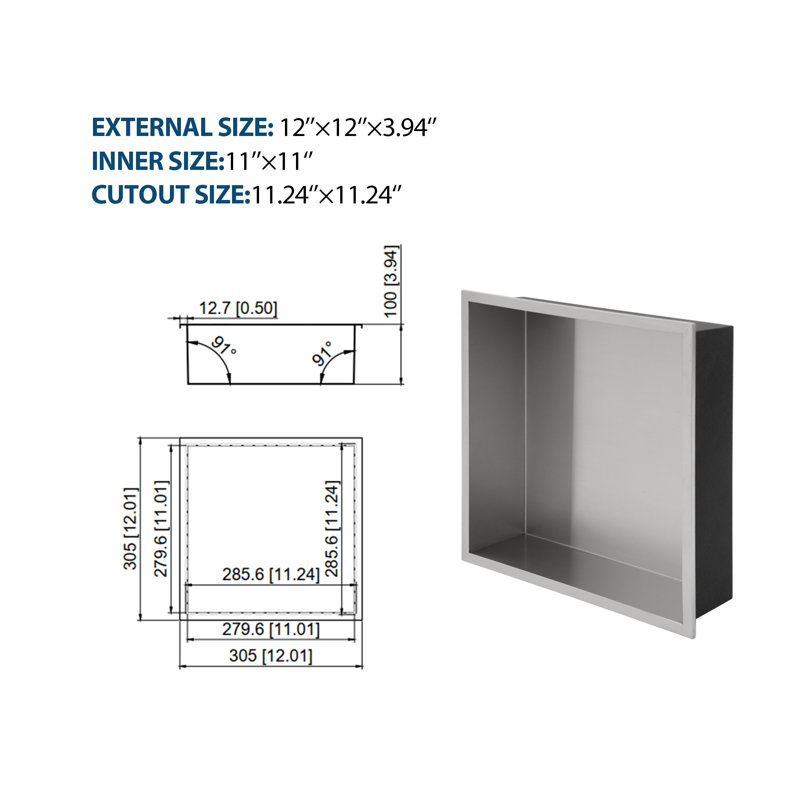 Niche de douche en acier inoxydable 12 po x 12 po au fini nickel brossé