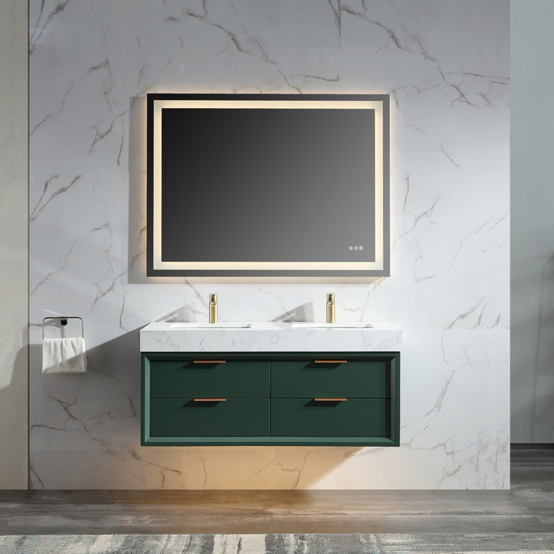 Meuble-lavabo mural double 48 po avec comptoir en pierre, lumière DEL et 6 tiroirs à fermeture en douceur, conception moderne