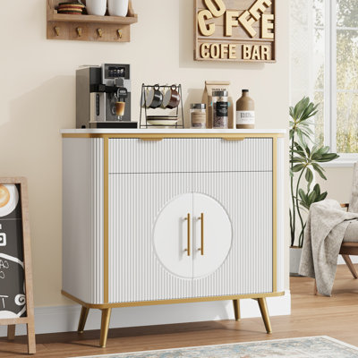 Modern Sideboard Cabinet With 2 Drawers, Storage Buffet With Adjustable Shelf, Entryway Cabinet With Marble Texture & Fluted-Front Design, Perfect Storage For Dining Room, Kitchen, And Entryway