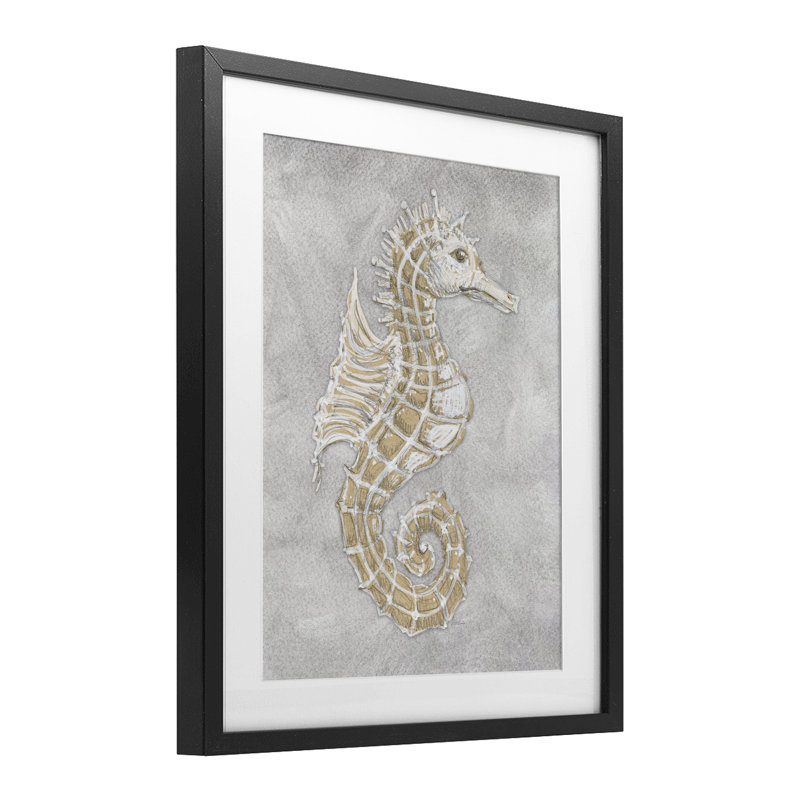 Hippocampe gris, reproduction sous verre encadrée, conception de Patti Bishop, Cadre noir minuit, H 21 po x l 17 po