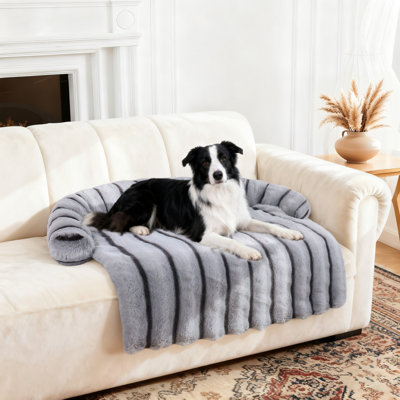Cuddly Striped Couch For Pets - Protector Dog Bed, Faux Fur Couch Cover Dog Sleeping Mat