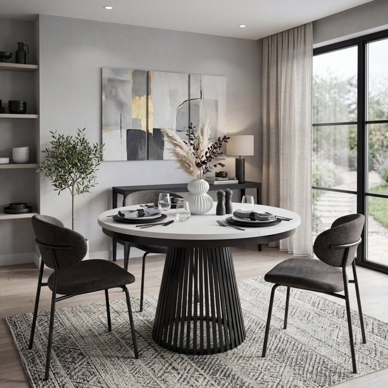 Extendable Metal Base Dining Table, Alpine White, Black