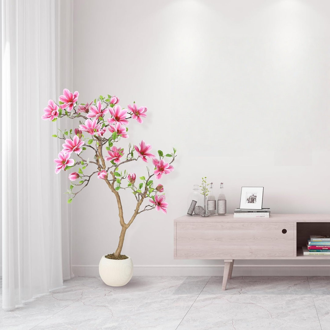 Artificial Magnolia Tree with Pink Flowers, Realistic Fake Plant for Home Décor Indoor Outdoor, Lifelike Potted Faux Tree for Living Room, Bedroom, Of