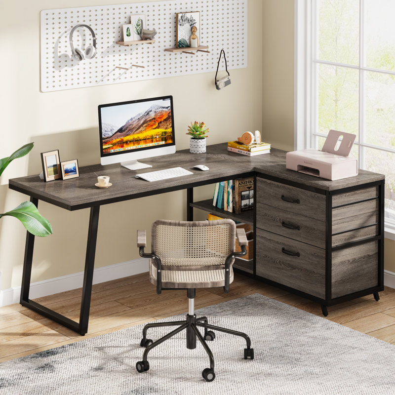 L-Shaped Metal Base Computer Desk, Grey/Black