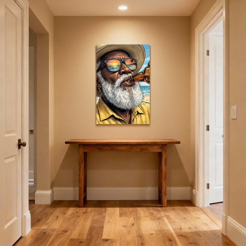 Fashion Bearded Man Drinking Beer On Beach, 24" H x 36" W, Wrapped Canvas, Does Not Apply