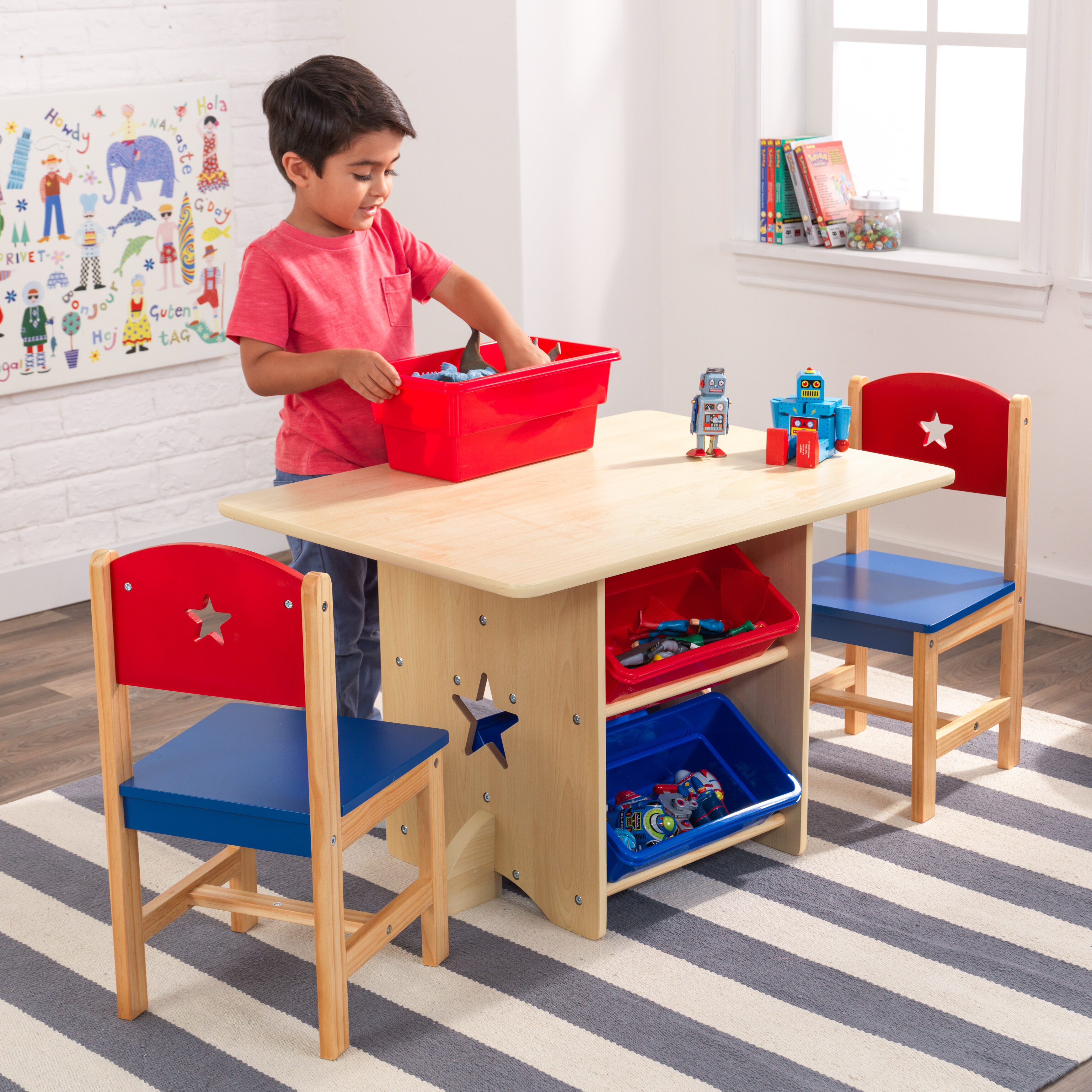 Wooden Star Table & Chair Set with 4 Bins, Red, Blue & Natural