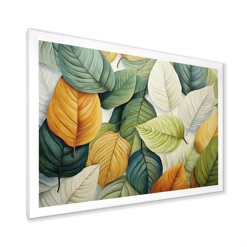 Feuilles vertes et jaunes Tranquility II - feuilles, art mural, Cadre simple blanc, H 16 po x l 32 po x P 1 po