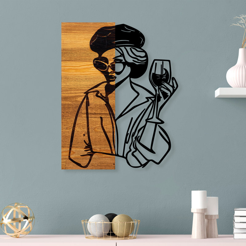 Accessoire mural décoratif en bois, noir et noyer clair, 15,4 po x 1,2 po x 19,7 po | 50% bois véritable (épaisseur: 1,2 po), 50% métal (épaisseur: 0,06 po) | Facile à fixer au mur, variations de couleurs uniques, décoration intérieure élégante