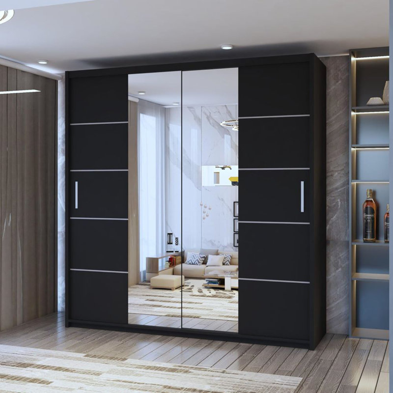 Alyssha 2 Door Manufactured Wood Wardrobe, Black, 217cm H x 150cm W x 62cm D