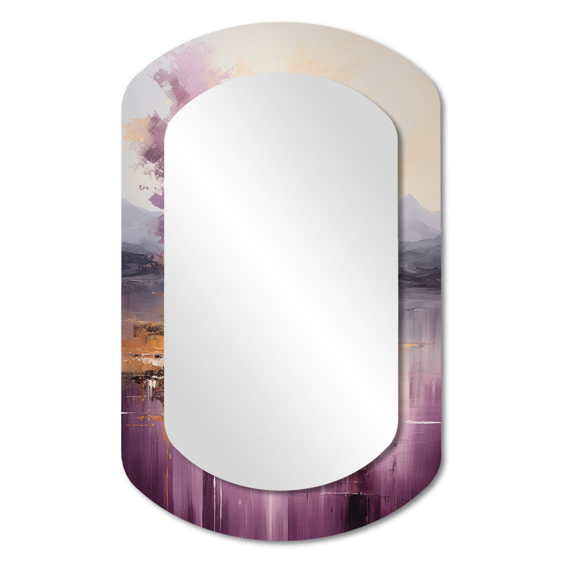 Purple and gold mountain landscape IV - Landscapes Asymmetrical Mirror, Purple Cylinder Unique Wall Mirror, Printed Metal Art
