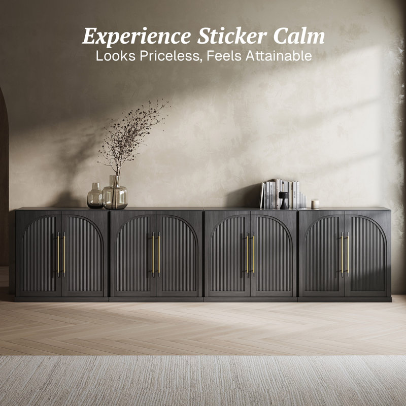Set of 4 Modular Sideboard with Double-Arc Wood Doors, Ebony, Ebony