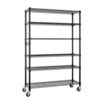 6-layer Storage Rack – Black Carbon Steel & Pp, Adjustable Height, Wheels & Side Hooks, Easy Assembly For Home/commercial Use