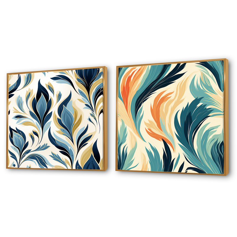 Ikat nordique bleu et vert Simplicity - Abstract Botanicals Square, H 16 po x l 33 po, Cadre flottant doré