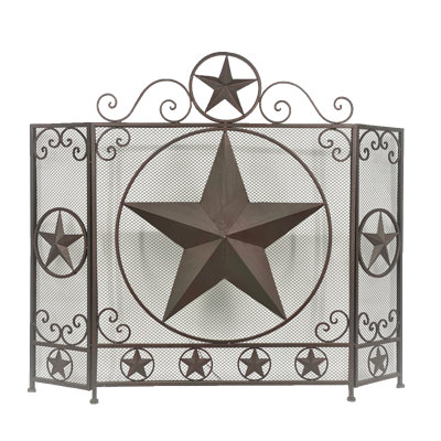 Metal Rustic Fireplace Screen 3-Panel with Brown Star Design