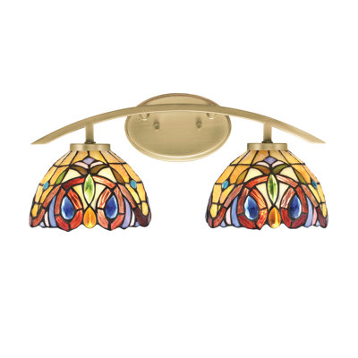 Kurve 2 Light Bath Bar Shown In New Age Brass Finish With  7" Lynx Art Glass