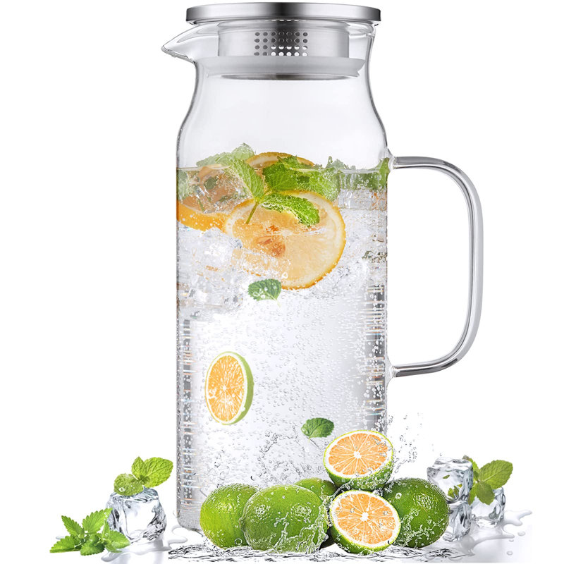 Pichet en verre de 2 litres (68 oz) avec couvercle et poignée, carafe en verre pour eau chaude/froide, transparent
