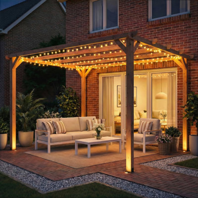 Outsunny 4 x 3 m Wooden Pergola Kit w/ Triangle Supports, Maple Wood-effect