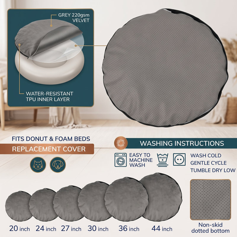 Housse de remplacement pour lit de beignet en velours gris 24 po, housse de lit ronde en fausse fourrure imperméable pour chien seulement