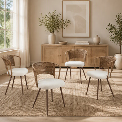 Chaises de salle à manger en osier - ensemble de 4 pièces - Chaise de cuisine à dossier canne rembourré avec coussin éponge, chaise de salle à manger à oreilles avec pieds en métal, convient à la maison et à la cuisine (brun foncé)