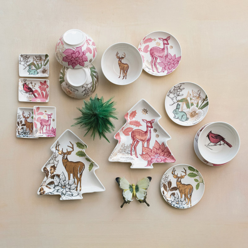 Stoneware Bowl Set With Flora/Fauna Pattern And Electroplating