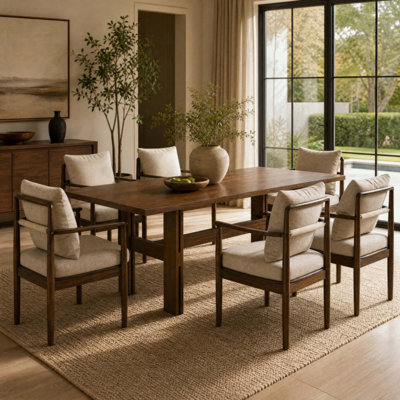 7‑Piece Mid‑Century Dining Set, 71" Rectangular Rubber Wood Dining Table, 6 Padded Arm Dining Chairs with Fabric Upholstery & Rubber Wood Frame for Di
