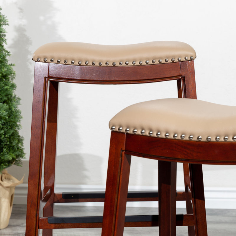 Tabouret de bar de 30 po avec assise en cuir de cerisier et en os, de conception confortable et chic, Cerisier, Beige