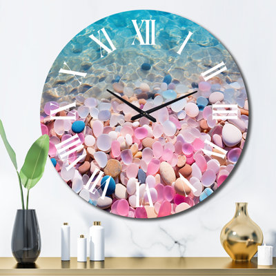 Pink Pebbels On Blue Azure Beach Wall Clock