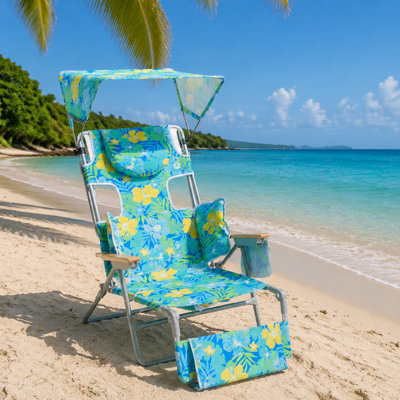 Oversized Folding Backpack Beach Chair With Adjustable Canopy Shade, 5-Position Face Opening Tanning Lounger & Cup Holder, Portable Outdoor Beach Chair, Floral