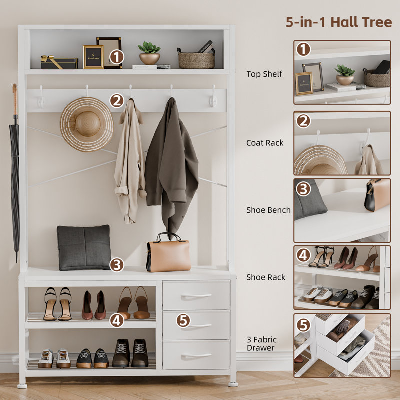 White Industrial Hall Tree with Bench, Hooks, and Storage Drawers