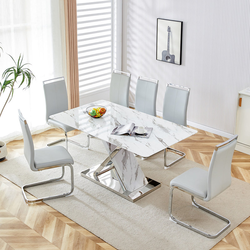 Glass Dining Table Set For 6, Light Gray/Silver, 7