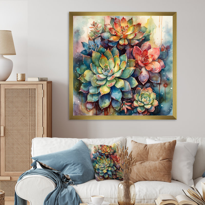 Rylinn vert rouge cactus paysage IV - art mural cactus, Cadre doré, H 36 po x l 36 po